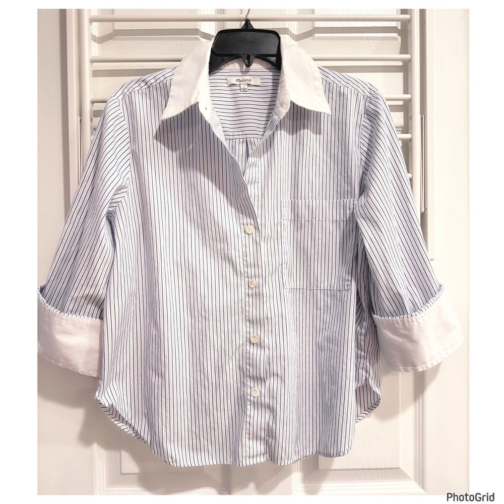 Madewell Easy Y-Neck Poplin Button Shirt Blue White Stripe Preppy Fold Cuffs